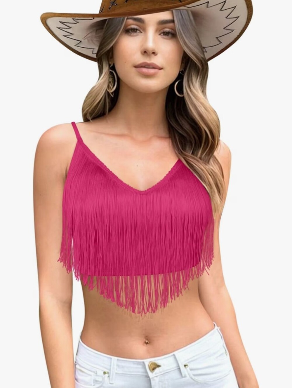 Fringed V-Neck Crop Cami Top - Pink